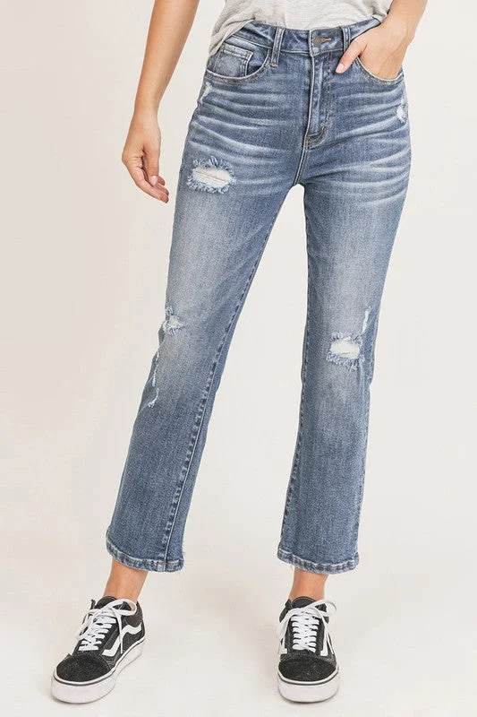 Vintage Washed Straight Jeans Fashionable Cropped Denim Jeans