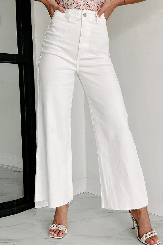 White Solid Raw Hem Wide Leg Crop Jeans Fashionable Button-Front Jeans