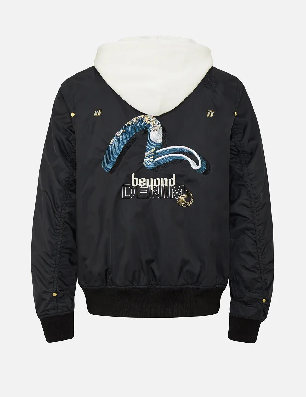 3D Ukiyo-E Infused Seagull Embroidered Mock 2-in-1 Bomber Jacket Satin Jacket Silk Jacket Chiffon Jacket