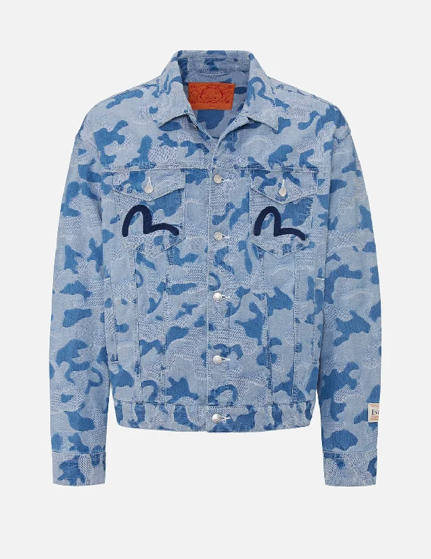 Allover Camouflage Jacquard Denim Jacket Welt Pockets Slit Pockets Flap Pockets