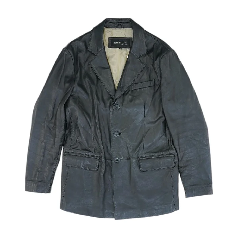 Black Solid Leather Jacket Hoodie Zip-Up Jacket Button-Up Jacket