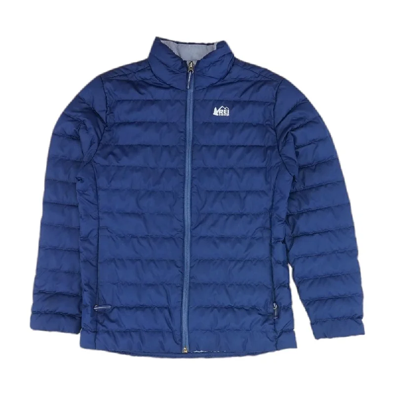 Blue Solid Puffer Jacket Stand-Up Collar Roll-Neck Collar Turtle Neck