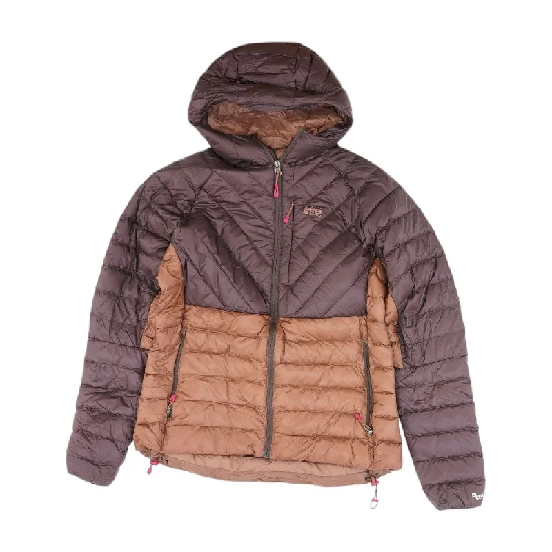 Brown Chevron Puffer Jacket A-Line Jacket Boat Neck Shawl Collar