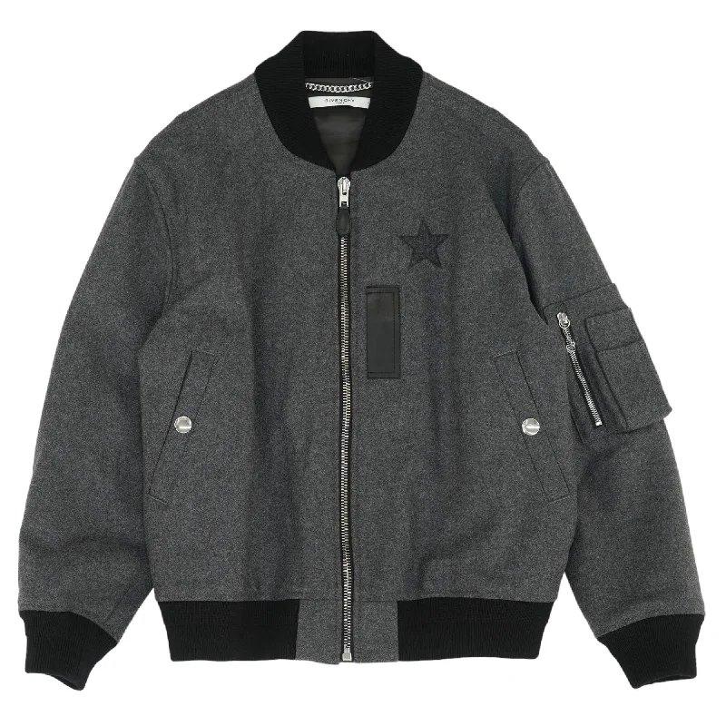 Charcoal Solid Wool Bomber Jacket Welt Pockets Slit Pockets Flap Pockets