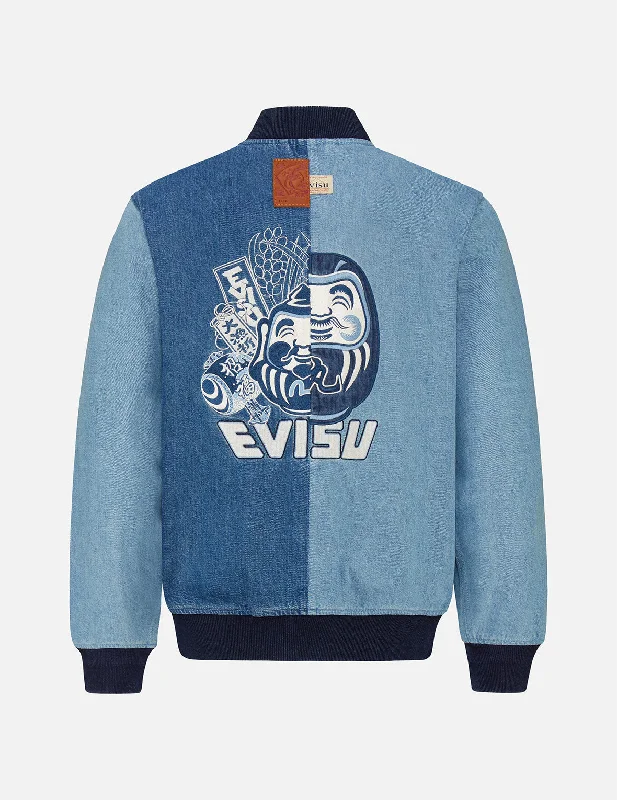Double-face Daruma Appliqué Two-tone Denim Bomber Jacket Oversized Jacket Tailored Jacket Straight Jacket