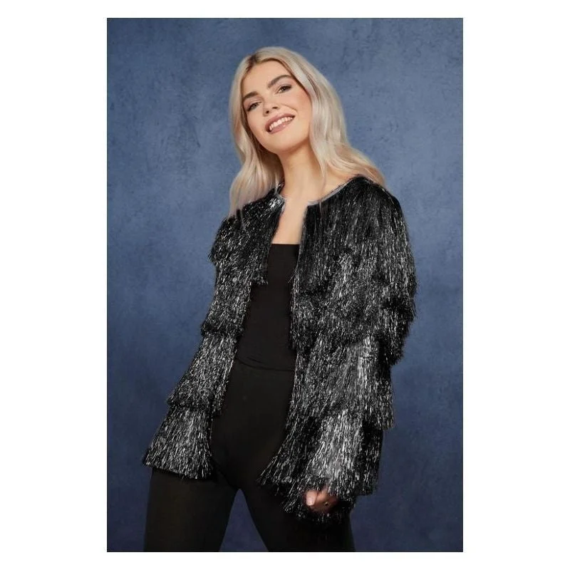 Fever Tinsel Festival Jacket Adult Black Hooded Jacket Caped Jacket Shawl Collar Jacket