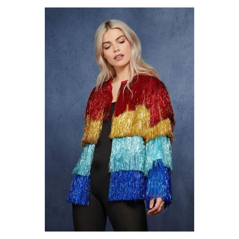 Fever Tinsel Festival Jacket Adult Rainbow Welt Pockets Slit Pockets Flap Pockets
