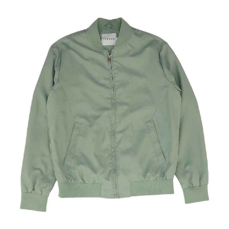 Green Solid Bomber Jacket Zip Front Button Front Snap Front
