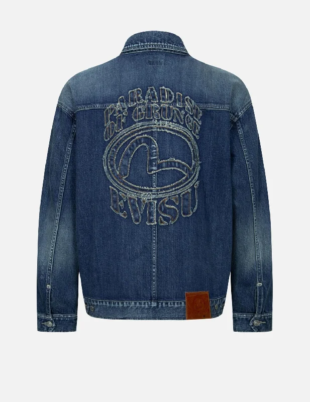 Grunge Style Logo and Seagull Appliqué Loose Fit Denim Jacket Tailored Jacket Straight Jacket A-Line Jacket