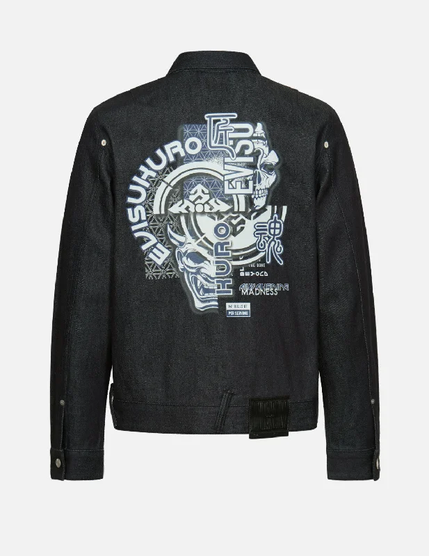 Hannya and Kamon Collage Print Denim Jacket Denim Fabric Leather Fabric Suede Fabric