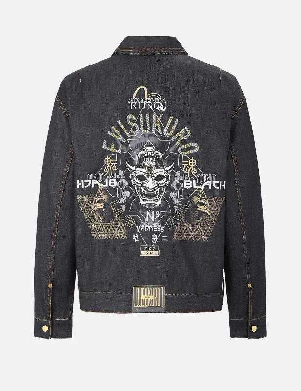 Hannya and Logo Embroidered Denim Jacket Tiered Jacket Buttoned Jacket Zippered Jacket
