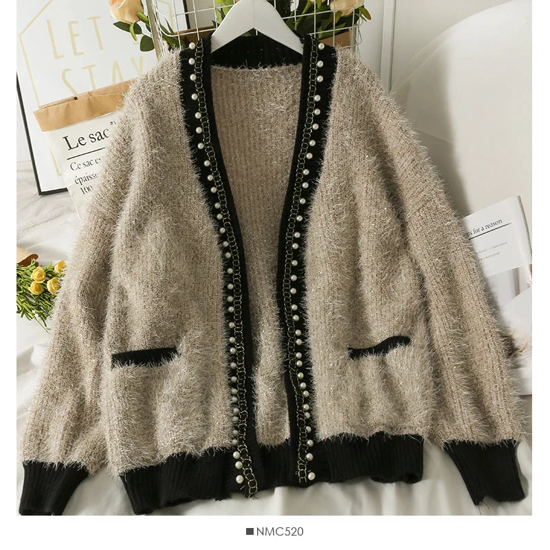 Hong Kong style retro nail bead medium long cardigan loose Long Sleeve Jacket Women  2042 Toggled Jacket Drawstring Jacket Belted Jacket