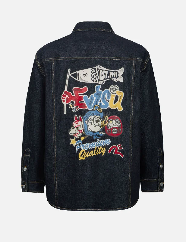 Hyottoko Festival Graphic Print Regular Fit Denim Shirt Jacket Stand-Up Collar Roll-Neck Collar Turtle Neck