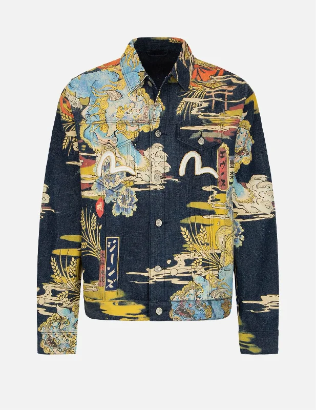 Komainu Vintage Japanese Painting Print Denim Jacket Hoodie Zip-Up Jacket Button-Up Jacket