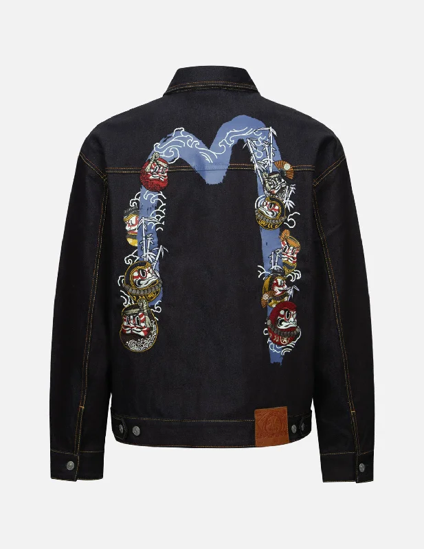 Kumadori Daruma Daicock Print and Embroidery Loose Fit Denim Jacket Elasticated Jacket Padded Jacket Insulated Jacket