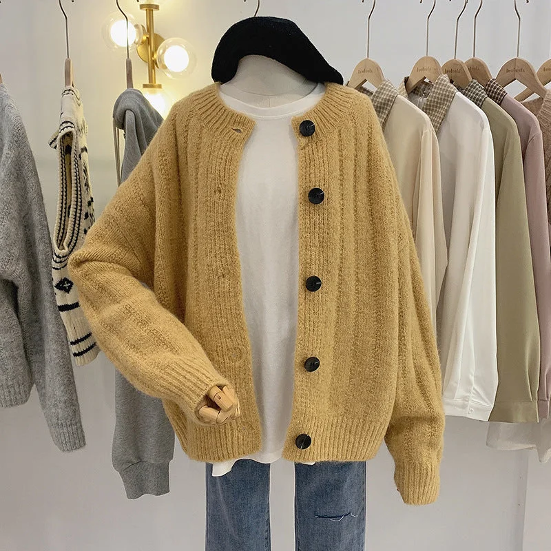 Lazy style, round neck long sleeve cardigans, loose short jacket sweater  1421 V-Neck Jacket Boat Neck Jacket Square Neck Jacket