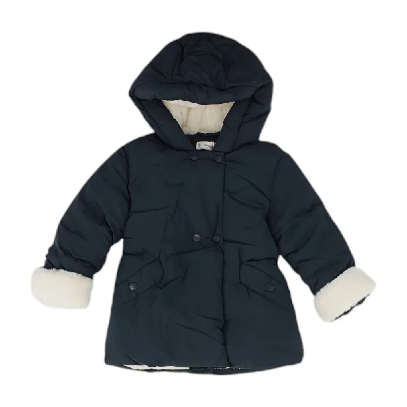Navy Solid Puffer Jacket Zippered Front Buttoned Front Snap Front