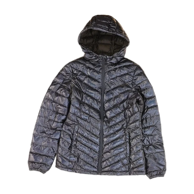Navy Solid Puffer Jacket Snapped Jacket Toggled Jacket Drawstring Jacket