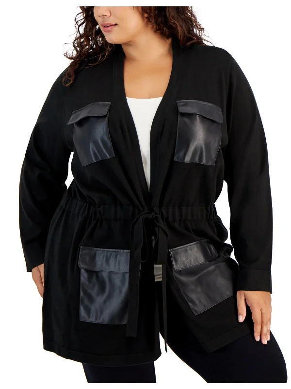 Plus Womens Faux Leather Trim Jacket Cardigan Sweater Quilted Jacket Puffer Jacket Insulated Jacket