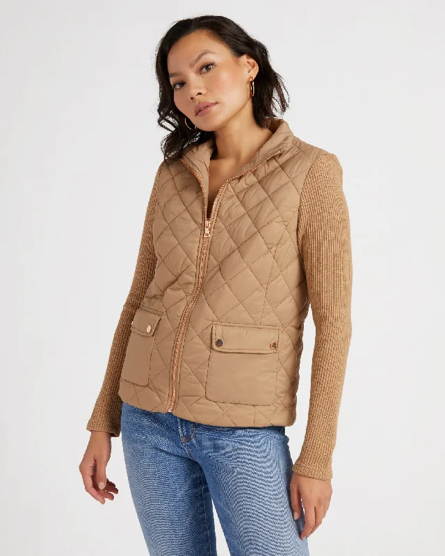 Quilted Zip Jacket with Ribbed Sleeves A-Line Jacket Boat Neck Shawl Collar