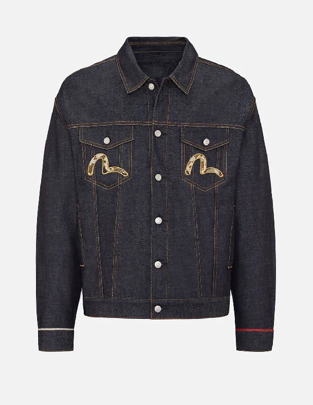 Scroll Daicock and Brocade Seagull Patch Denim Jacket Fleece Jacket Down Jacket Feather Jacket