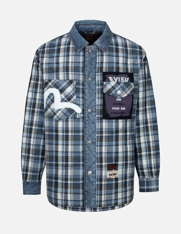 Seagull and Poster Print Loose Fit Padded Shirt Jacket Front Pockets Side Pockets Patch Pockets