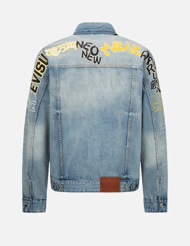 Slogan Daicock Print Denim Jacket Nylon Fabric Polyester Fabric Spandex Fabric
