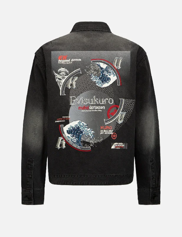 The Great Wave and Kamon Embroidery Denim Shirt Jacket Knit Jacket Woven Jacket Fleece Jacket