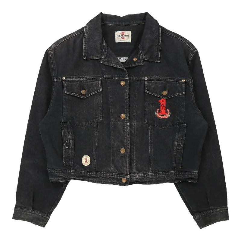 Trussardi Embroidered Denim Jacket - Medium Black Cotton Front Pockets Side Pockets Patch Pockets