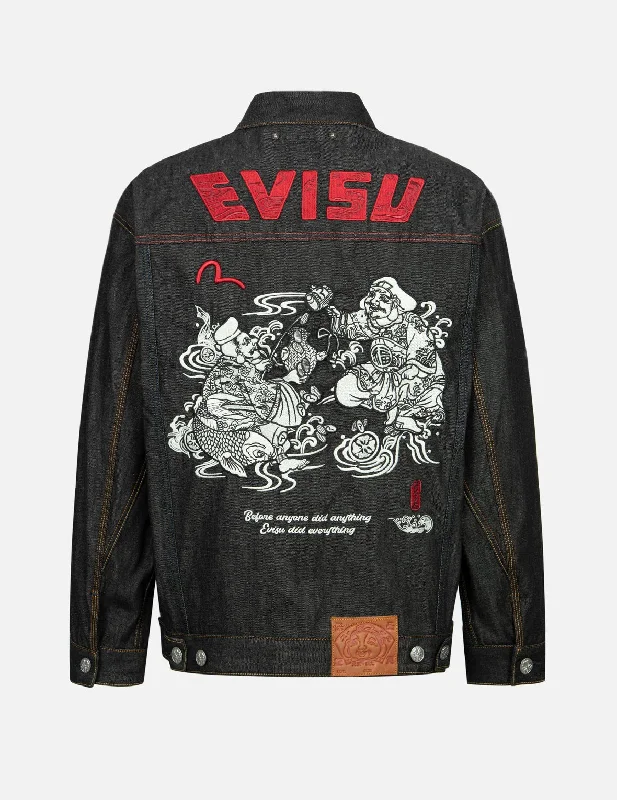 Two Gods Wealth Gathering Embroidery Loose Fit Kimono Denim Jacket Notch Collar Peter Pan Collar Cowl Neck