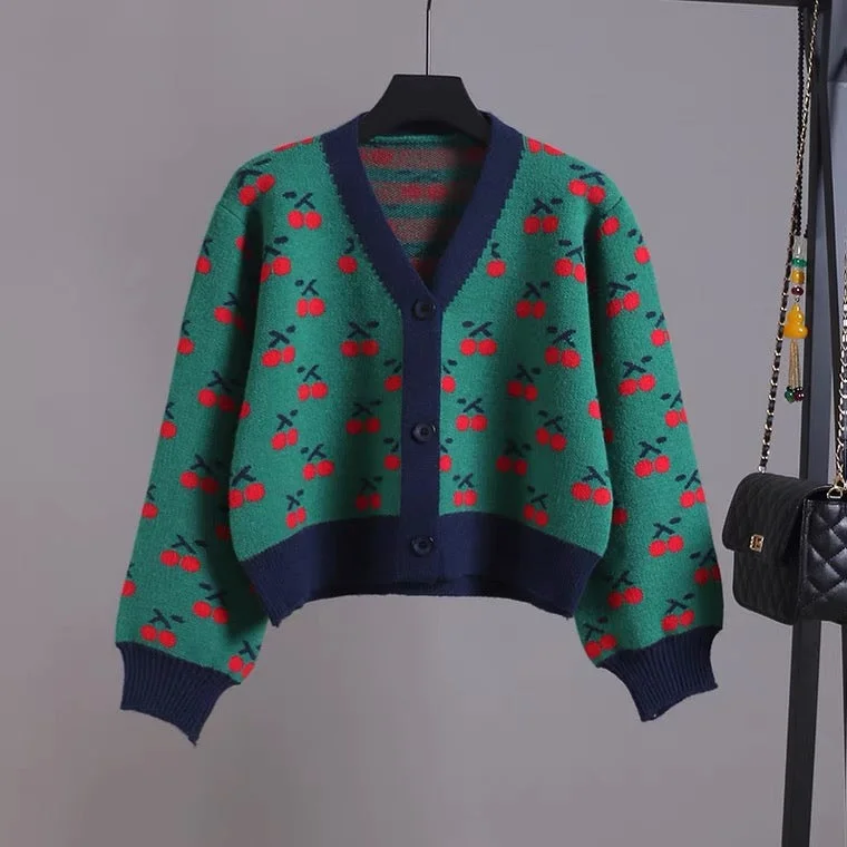 V-neck short knit jacket, cherry jacquard cardigan  1405 Notch Collar Jacket Peter Pan Collar Jacket Cowl Neck Jacket