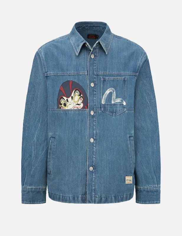 Vintage Daruma Print Denim Shirt Jacket Chenille Fabric Brocade Fabric Lace Fabric