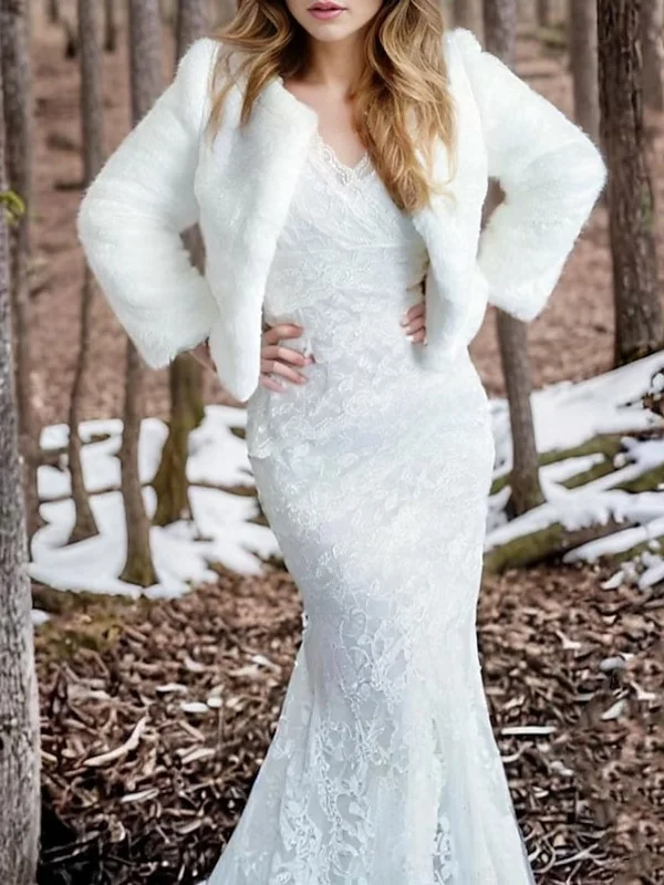 Women's White Elegant Long Sleeves Faux Fur Wrap Jacket with Pure Color Bomber Jacket Anorak Windbreaker