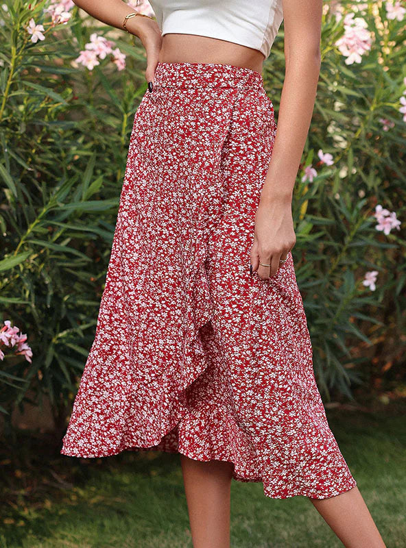 BROKEN RED PRINT IRREGULAR SKIRT floral skirt print