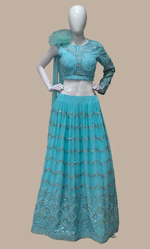 Aqua Embroidered Skirt Set flowy skirt hem