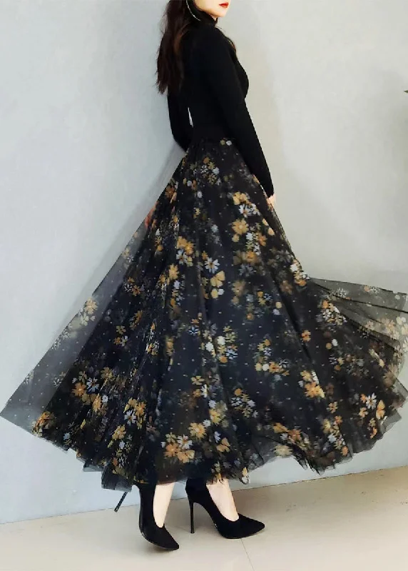 Art Black Print High Waist Exra Large Hem Tulle Skirts Spring maxi skirt elegant