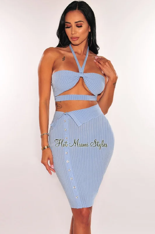 Baby Blue Ribbed Halter Cut Out Button Up Skirt Two Piece Set chiffon skirt flowing