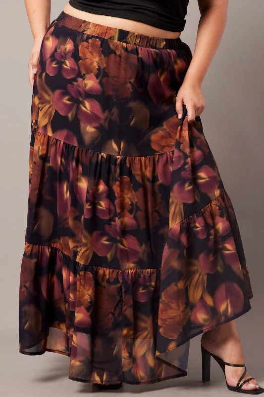 Black Floral Chiffon Elastic Waist Maxi Skirt velvet skirt luxurious