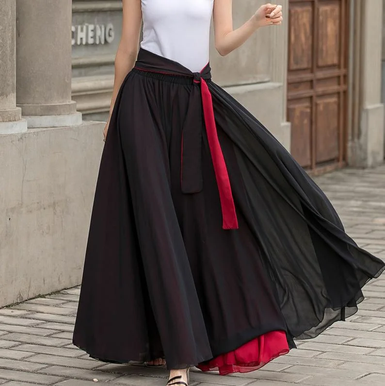 Black Long Chiffon Maxi Skirt Women, Swing Full Circle Skirt, Boho Maxi Skirt, Elastic Waist Chiffon Skirt with Sash, Plus Size Skirt tulle skirt dreamy