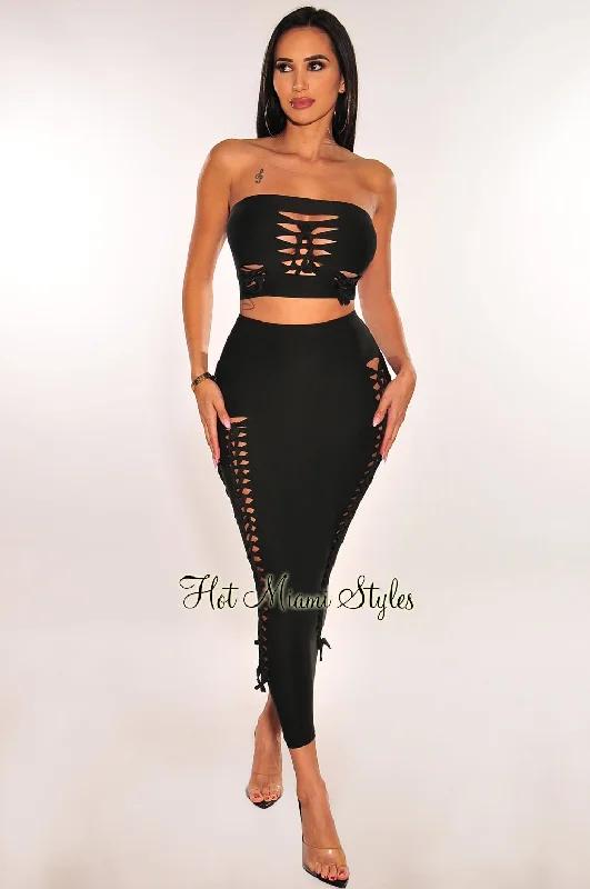 Black Strapless Cut Out Lace Up Midi Skirt Two Piece Set patchwork skirt art