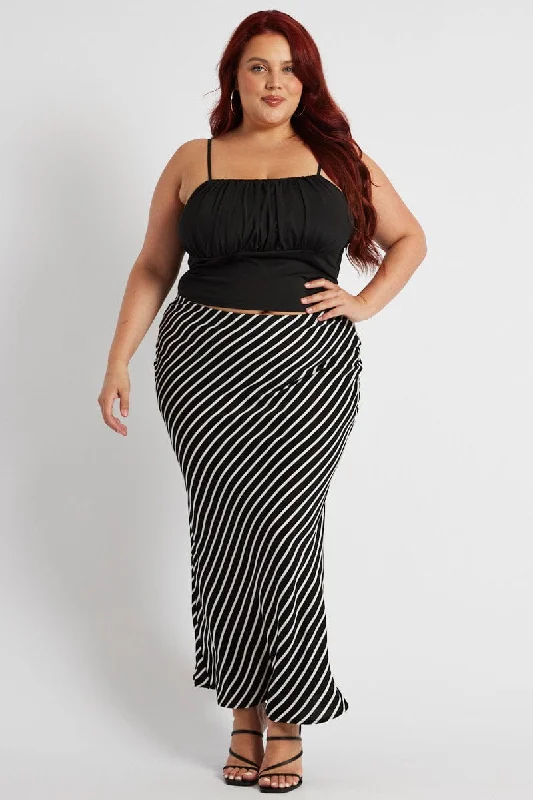 Black Stripe Bias Stripe Maxi Skirt silk skirt smooth