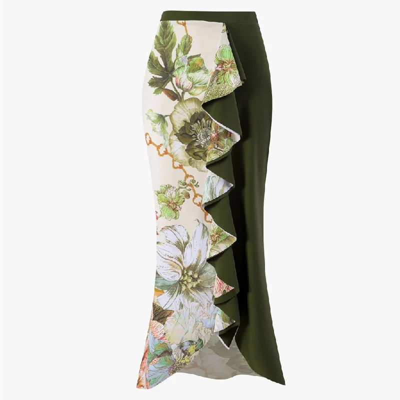 Bohemian Floral Print High Waist Ruffled Fishtail Maxi Cover Up Skirt pleated skirt texture