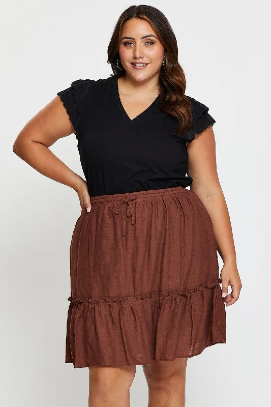 Brown High Waist Linen Blend Skater Mini Skirt corduroy skirt durable