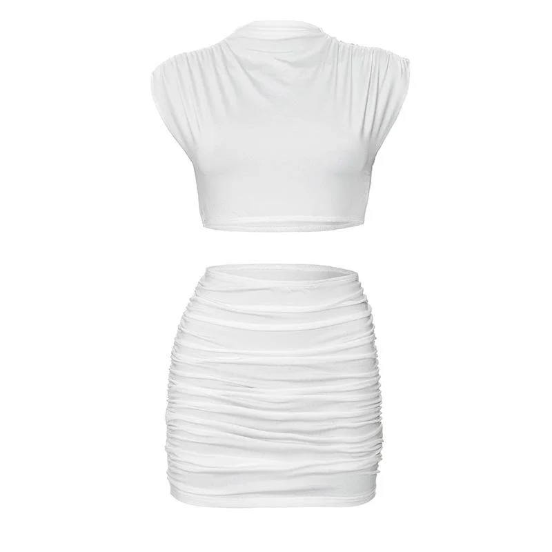 Cap sleeve ruched solid mini skirt set leather skirt sleek