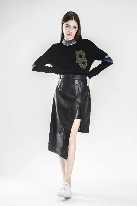 CHIC BLACK ASYMMETRICAL MIDI LEATHER SKIRT belted skirt waist