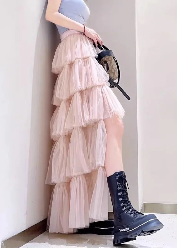 Chic Pink Low High Design High Waist Tulle Skirts Spring denim skirt classic