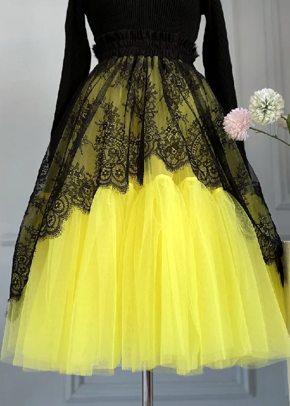 Chic Yellow Lace Elastic Waist Patchwork Tulle Skirts Summer denim skirt casual