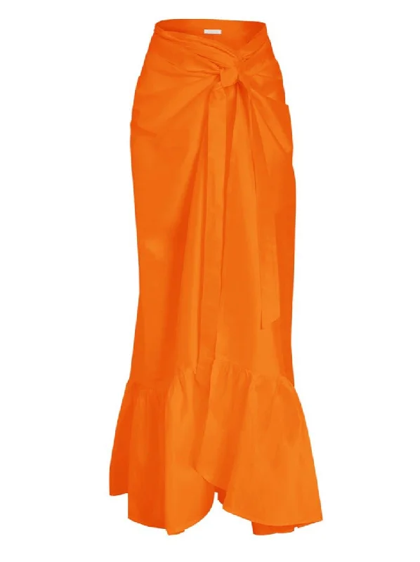 Calypso Silk Taffeta Wrap Maxi Skirt - Tangerine zip skirt side