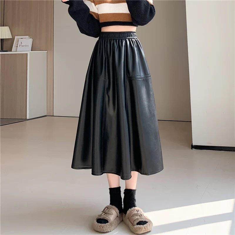 FashionSierra - Leather Women New Autumn Winter Fashion High Waist A-line PU Midi Ladies Vintage Casual Long Skirt linen skirt airy