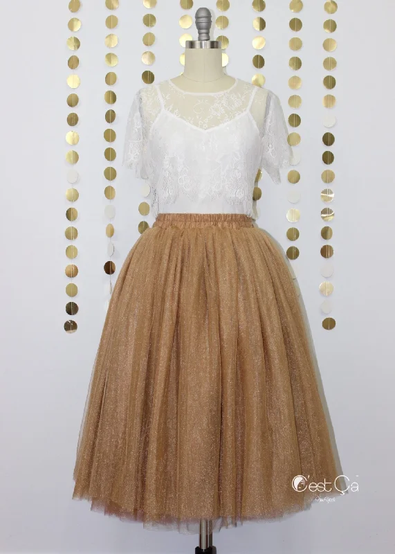 Diane Metallic Bronze Tulle Skirt - Below Knee Midi a-line skirt cut